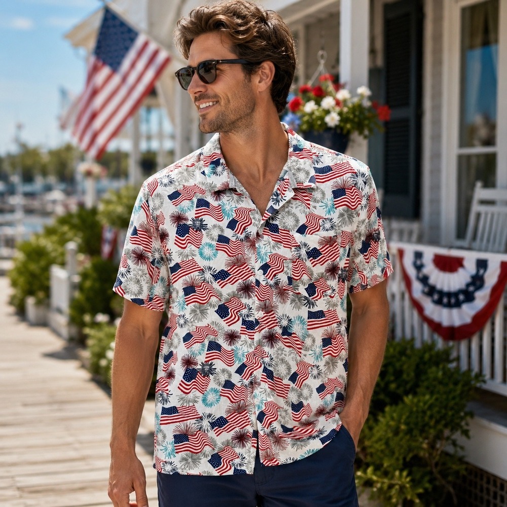 Free Planet Mens American Flag Firework Rayon Button Down Shirt White Large NEW